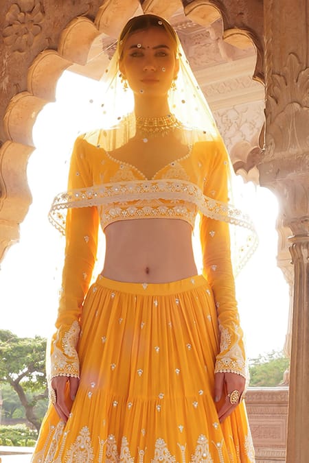 Shop Preevin Yellow Cotton, Net, Tulle Lace, Embroidery, Mirrors Thread Tiered Lehenga Set Online at Aza Fashions Shop_Preevin_Yellow Cotton, Net, Tulle Lace, Embroidery, Mirrors Thread Tiered Lehenga Set _Online_at_Aza_Fashions