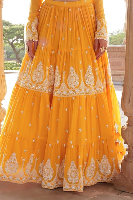 Preevin Yellow Cotton, Net, Tulle Lace, Embroidery, Mirrors Thread Tiered Lehenga Set at Aza Fashions Preevin_Yellow Cotton, Net, Tulle Lace, Embroidery, Mirrors Thread Tiered Lehenga Set _at_Aza_Fashions