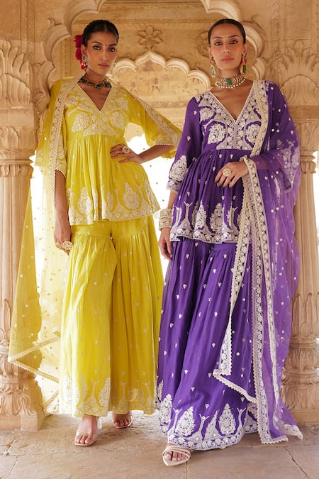 Shop_Preevin_Purple Tulle, Cotton, Net Lace, Mirrors, Work Peplum Kurta Sharara Set _at_Aza_Fashions