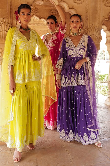 Preevin_Purple Tulle, Cotton, Net Lace, Mirrors, Work Peplum Kurta Sharara Set _Online_at_Aza_Fashions