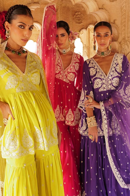 Buy_Preevin_Purple Tulle, Cotton, Net Lace, Mirrors, Work Peplum Kurta Sharara Set _Online_at_Aza_Fashions
