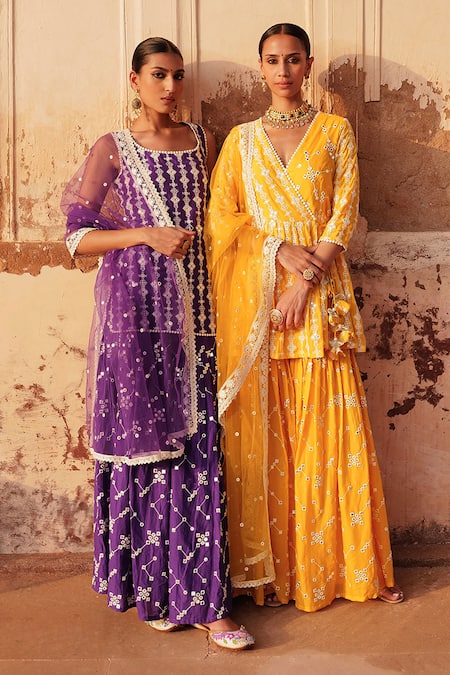 Preevin_Purple Tulle, Cotton, Net Lace, Embroidery, Thread Work Kurta Sharara Set _Online_at_Aza_Fashions