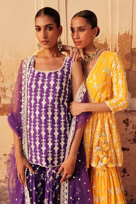 Buy_Preevin_Purple Tulle, Cotton, Net Lace, Embroidery, Thread Work Kurta Sharara Set _Online_at_Aza_Fashions