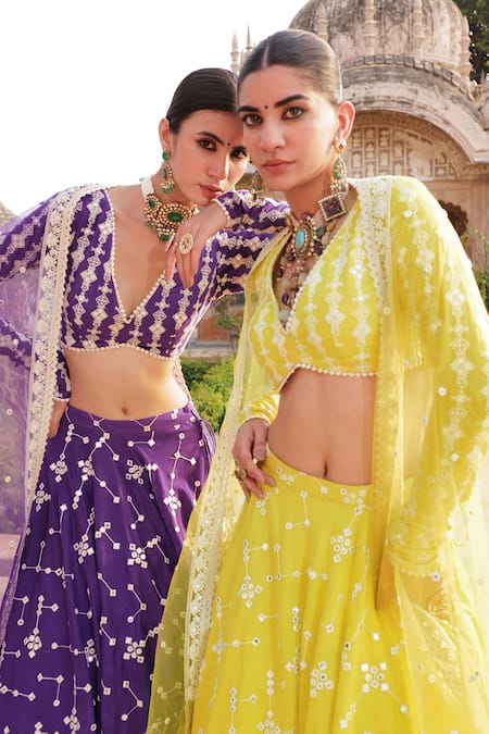 Preevin Purple Cotton, Tulle, Net Lace, Mirrors V-neck Thread And Embroidered Lehenga Set Online at Aza Fashions Preevin_Purple Cotton, Tulle, Net Lace, Mirrors V-neck Thread And Embroidered Lehenga Set _Online_at_Aza_Fashions