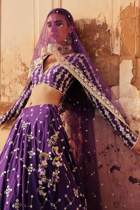 Buy Preevin Purple Cotton, Tulle, Net Lace, Mirrors V-neck Thread And Embroidered Lehenga Set Online at Aza Fashions Buy_Preevin_Purple Cotton, Tulle, Net Lace, Mirrors V-neck Thread And Embroidered Lehenga Set _Online_at_Aza_Fashions