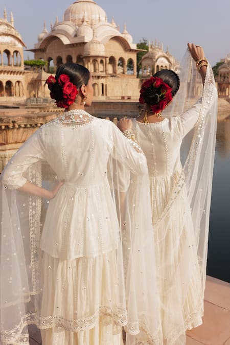 Shop Preevin Off White Tulle, Cotton, Net Lace, Thread Angarkha Anarkali With Dupatta at Aza Fashions Shop_Preevin_Off White Tulle, Cotton, Net Lace, Thread Angarkha Anarkali With Dupatta _at_Aza_Fashions