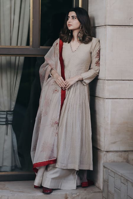 Buy_Rekha Agra_Ivory Organza, Handloom Cotton, Chanderi Polka Dot Print Anarkali Set _Online_at_Aza_Fashions