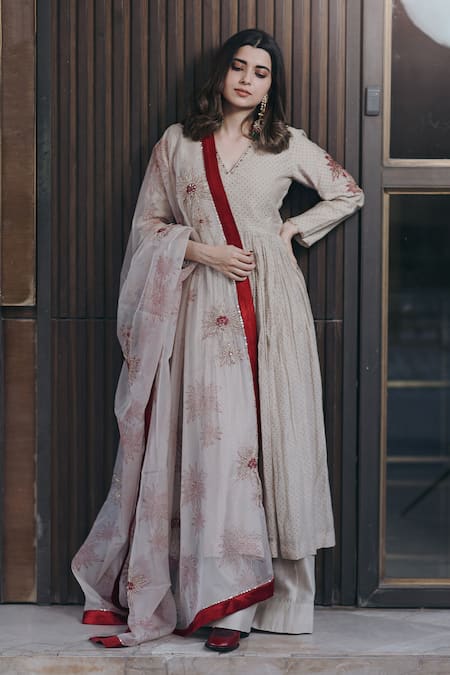 Shop_Rekha Agra_Ivory Organza, Handloom Cotton, Chanderi Polka Dot Print Anarkali Set _Online_at_Aza_Fashions