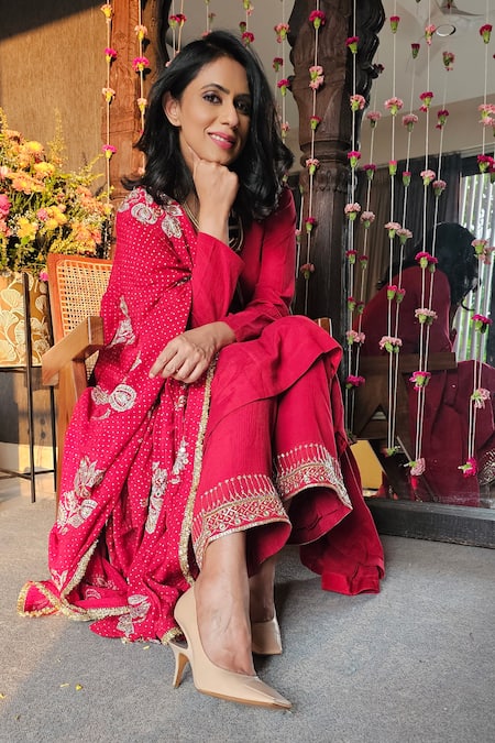 Shop Rekha Agra Red Crinkled Cotton Silk, Dupatta Crepe Anarkali Set With Hand Block Print Online at Aza Fashions Shop_Rekha Agra_Red Crinkled Cotton Silk, Dupatta Crepe Anarkali Set With Hand Block Print _Online_at_Aza_Fashions