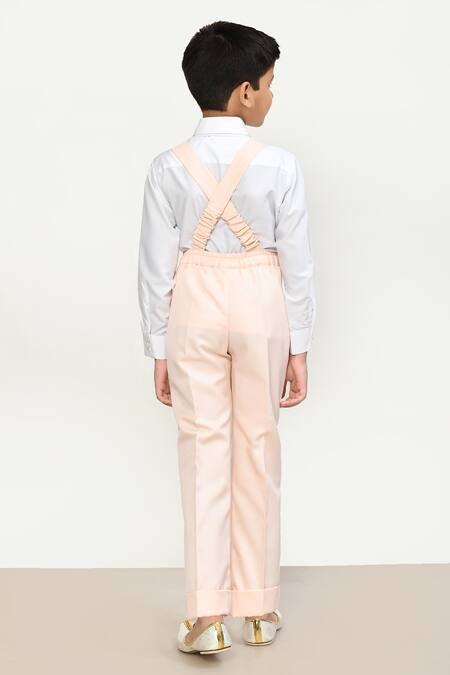 Shop_Samyukta Singhania_Peach , Satin Smocking, Stones Crown Embellished Suspender Pant Set _at_Aza_Fashions