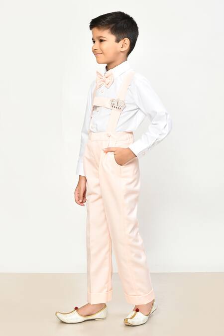 Buy_Samyukta Singhania_Peach , Satin Smocking, Stones Crown Embellished Suspender Pant Set _Online_at_Aza_Fashions