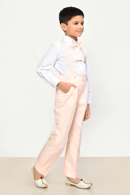 Shop_Samyukta Singhania_Peach , Satin Smocking, Stones Crown Embellished Suspender Pant Set _Online_at_Aza_Fashions