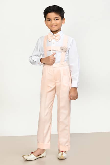 Samyukta Singhania_Peach , Satin Smocking, Stones Crown Embellished Suspender Pant Set _at_Aza_Fashions