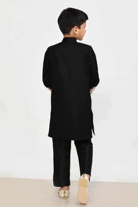 Petite Pomme_Black Cotton, Silk Piping Yuvraaj Placement Embroidered Sherwani Set _Online_at_Aza_Fashions