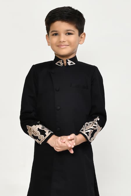 Buy_Petite Pomme_Black Cotton, Silk Piping Yuvraaj Placement Embroidered Sherwani Set _Online_at_Aza_Fashions