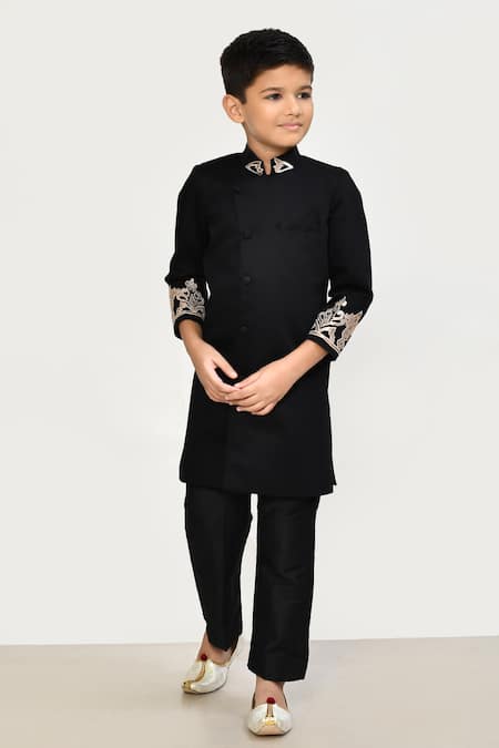Shop_Petite Pomme_Black Cotton, Silk Piping Yuvraaj Placement Embroidered Sherwani Set _Online_at_Aza_Fashions