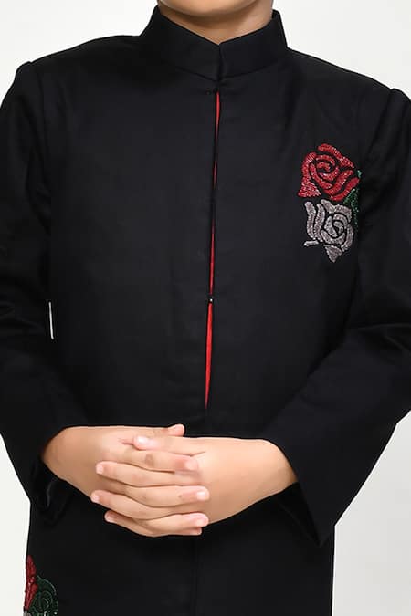 Petite Pomme Black Cotton, Silk Sequins, Embroidery Placement Rose Sherwani Set Online at Aza Fashions Petite Pomme_Black Cotton, Silk Sequins, Embroidery Placement Rose Sherwani Set _Online_at_Aza_Fashions