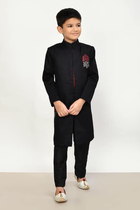 Buy_Petite Pomme_Black Cotton, Silk Sequins, Embroidery Placement Rose Sherwani Set _Online_at_Aza_Fashions