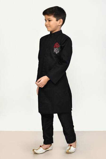 Shop_Petite Pomme_Black Cotton, Silk Sequins, Embroidery Placement Rose Sherwani Set _Online_at_Aza_Fashions