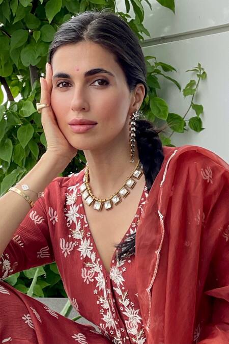 Buy Rekha Agra Orange Organza, Crinkled Cotton Satin V Neck Printed Anarkali Set Buy_Rekha Agra_Orange Organza, Crinkled Cotton Satin V Neck Printed Anarkali Set