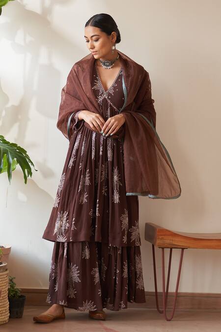 Buy Rekha Agra Brown Crepe, Cotton, Organza Embroidery Flower Bloom Print Kurta Gharara Set Online at Aza Fashions Buy_Rekha Agra_Brown Crepe, Cotton, Organza Embroidery Flower Bloom Print Kurta Gharara Set _Online_at_Aza_Fashions