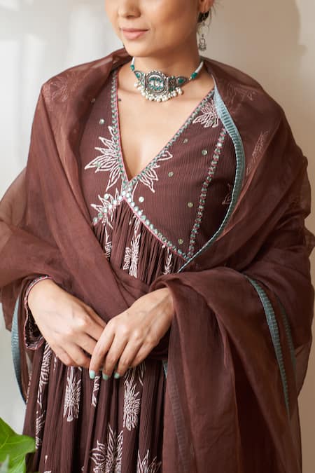 Shop Rekha Agra Brown Crepe, Cotton, Organza Embroidery Flower Bloom Print Kurta Gharara Set Online at Aza Fashions Shop_Rekha Agra_Brown Crepe, Cotton, Organza Embroidery Flower Bloom Print Kurta Gharara Set _Online_at_Aza_Fashions