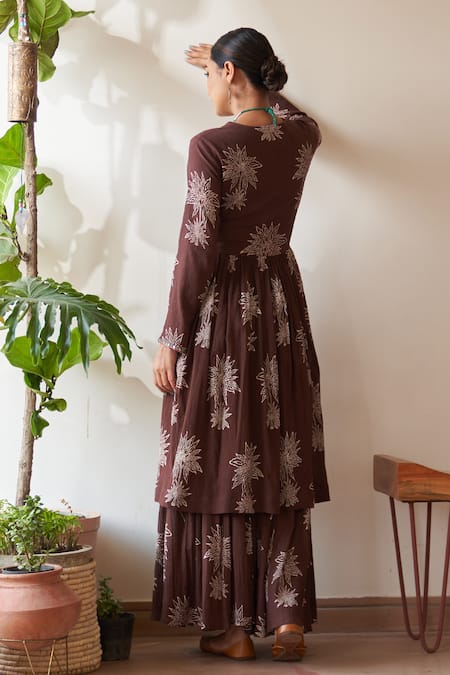 Shop Rekha Agra Brown Crepe, Cotton, Organza Embroidery Flower Bloom Print Kurta Gharara Set at Aza Fashions Shop_Rekha Agra_Brown Crepe, Cotton, Organza Embroidery Flower Bloom Print Kurta Gharara Set _at_Aza_Fashions