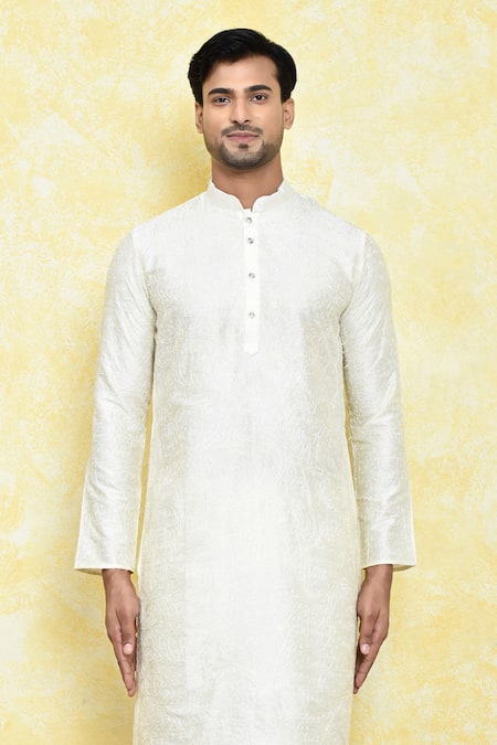 Shop_Arihant Rai Sinha_Cream Silk Embroidery Thread Work Kurta Set _Online_at_Aza_Fashions