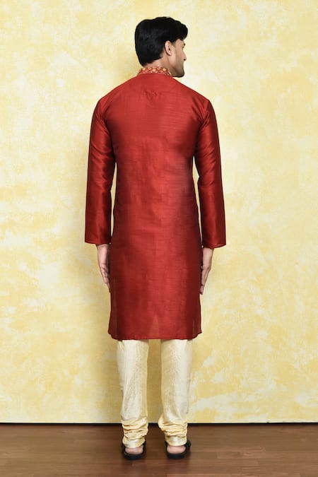 Shop Arihant Rai Sinha Red Silk Embroidery Floral Thread Work Kurta Set at Aza Fashions Shop_Arihant Rai Sinha_Red Silk Embroidery Floral Thread Work Kurta Set _at_Aza_Fashions
