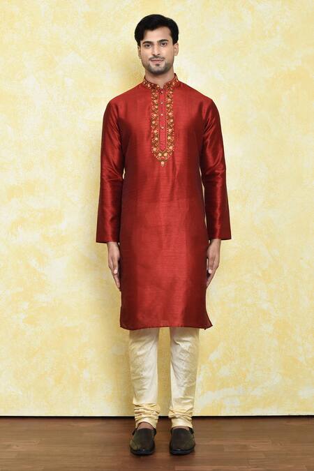 Buy Arihant Rai Sinha Red Silk Embroidery Floral Thread Work Kurta Set Online at Aza Fashions Buy_Arihant Rai Sinha_Red Silk Embroidery Floral Thread Work Kurta Set _Online_at_Aza_Fashions