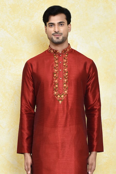 Shop Arihant Rai Sinha Red Silk Embroidery Floral Thread Work Kurta Set Online at Aza Fashions Shop_Arihant Rai Sinha_Red Silk Embroidery Floral Thread Work Kurta Set _Online_at_Aza_Fashions