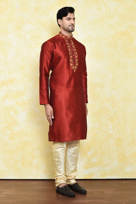 Arihant Rai Sinha Red Silk Embroidery Floral Thread Work Kurta Set at Aza Fashions Arihant Rai Sinha_Red Silk Embroidery Floral Thread Work Kurta Set _at_Aza_Fashions