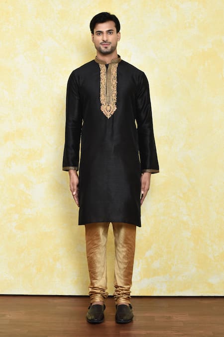 Buy_Arihant Rai Sinha_Black Silk Embroidery Mirror Placket Kurta Set _Online_at_Aza_Fashions