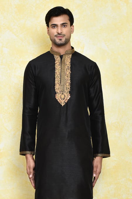 Shop_Arihant Rai Sinha_Black Silk Embroidery Mirror Placket Kurta Set _Online_at_Aza_Fashions