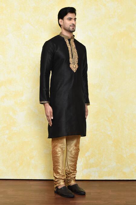 Arihant Rai Sinha_Black Silk Embroidery Mirror Placket Kurta Set _at_Aza_Fashions