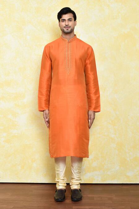 Buy_Arihant Rai Sinha_Orange Silk Embroidery Abstract Kurta Set_Online_at_Aza_Fashions