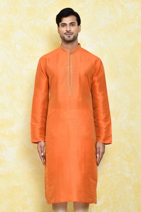 Shop_Arihant Rai Sinha_Orange Silk Embroidery Abstract Kurta Set_Online_at_Aza_Fashions