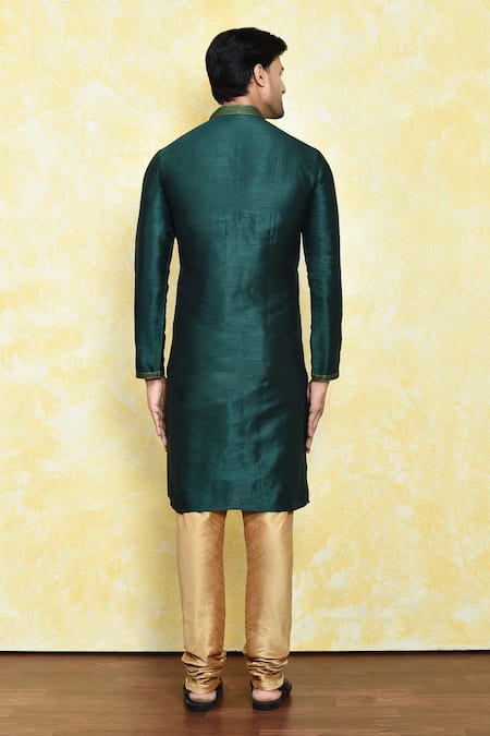 Shop_Arihant Rai Sinha_Green Silk Embroidery Leaf Placket Kurta Set _at_Aza_Fashions