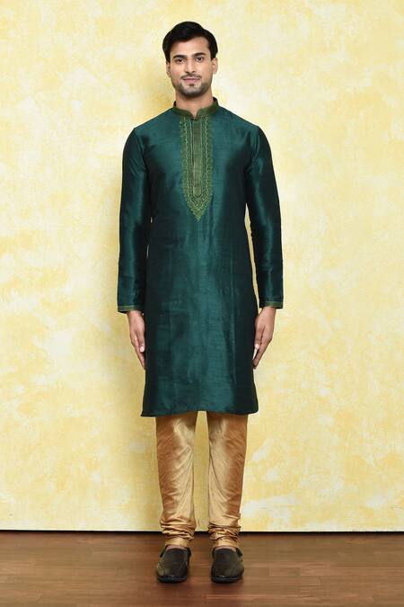 Buy_Arihant Rai Sinha_Green Silk Embroidery Leaf Placket Kurta Set _Online_at_Aza_Fashions