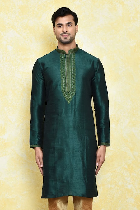 Shop Arihant Rai Sinha Green Silk Embroidery Leaf Placket Kurta Set Online at Aza Fashions Shop_Arihant Rai Sinha_Green Silk Embroidery Leaf Placket Kurta Set _Online_at_Aza_Fashions