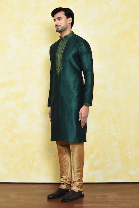 Arihant Rai Sinha_Green Silk Embroidery Leaf Placket Kurta Set _at_Aza_Fashions