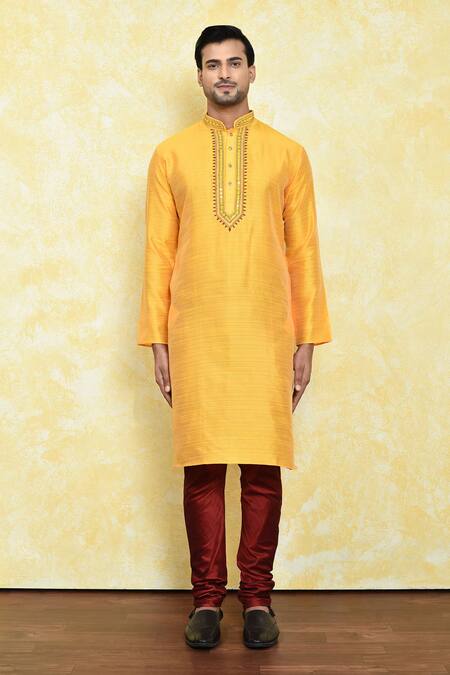 Buy_Arihant Rai Sinha_Yellow Silk Embroidery Collar Kurta And Churidar Set _Online_at_Aza_Fashions