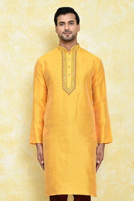 Shop_Arihant Rai Sinha_Yellow Silk Embroidery Collar Kurta And Churidar Set _Online_at_Aza_Fashions