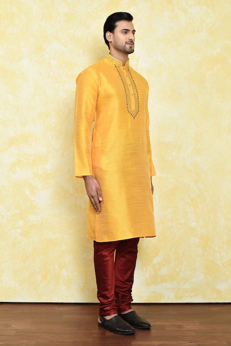 Arihant Rai Sinha_Yellow Silk Embroidery Collar Kurta And Churidar Set _at_Aza_Fashions