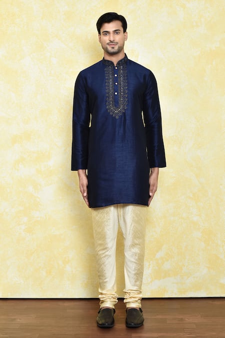 Buy_Arihant Rai Sinha_Blue Silk Mirrors, Embroidery Collar Kurta And Churidar Set _Online_at_Aza_Fashions