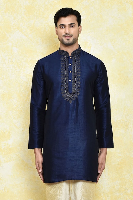Shop Arihant Rai Sinha Blue Silk Mirrors, Embroidery Collar Kurta And Churidar Set Online at Aza Fashions Shop_Arihant Rai Sinha_Blue Silk Mirrors, Embroidery Collar Kurta And Churidar Set _Online_at_Aza_Fashions
