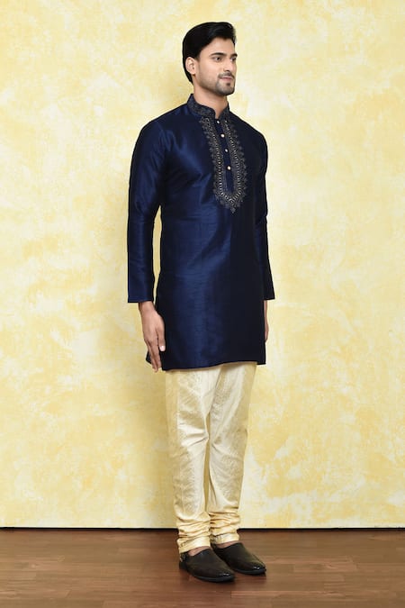 Arihant Rai Sinha_Blue Silk Mirrors, Embroidery Collar Kurta And Churidar Set _at_Aza_Fashions