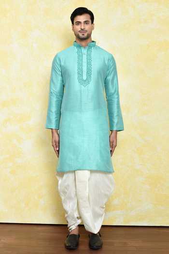 Buy_Samyukta Singhania_Green Art Silk Embroidered Placket Straight Kurta With Dhoti Pant _Online_at_Aza_Fashions
