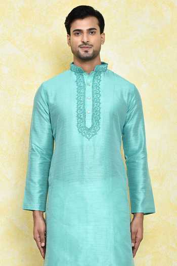 Shop_Samyukta Singhania_Green Art Silk Embroidered Placket Straight Kurta With Dhoti Pant _Online_at_Aza_Fashions
