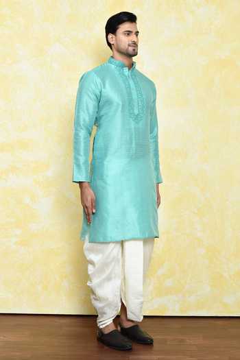 Samyukta Singhania_Green Art Silk Embroidered Placket Straight Kurta With Dhoti Pant _at_Aza_Fashions